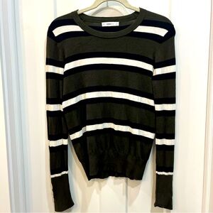 Zara Knit Women’s Green Black Striped Crew Neck Sweater Medium Button Accents